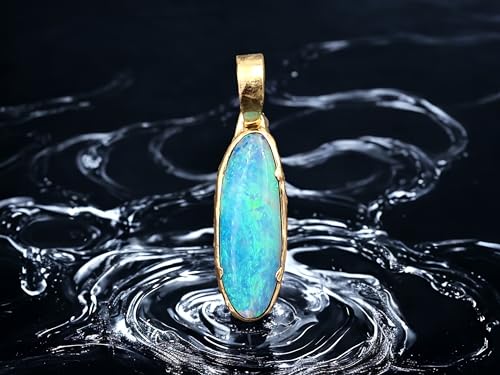 LeoLars-PABE Opal Anhänger mit Lightning Ridge Semi Chrystal Opal aus 585er Gelbgold, Opal - grün-blaues Opalfeuer 19,8x6,6mm, Dot Design Fassung, Unikat, Handarbeit