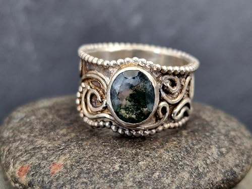 LeoLars-PABE Verspielter breiter Moosachat Design Ring Gr. 62 (19,7), aus 925er Silber, verschnörkelt, Moosachat, facettiert mit schönem Innenleben, Nr. 0100, Unikat, Handarbeit