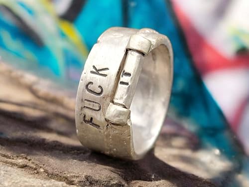 LeoLars-PABE Sprüche Design Sandguss Ring mit Stift zum drehen für den passenden Spruch, aus 925er Silber, Größe 60/61 (19,2), Unikat, Handarbeit, Unisex