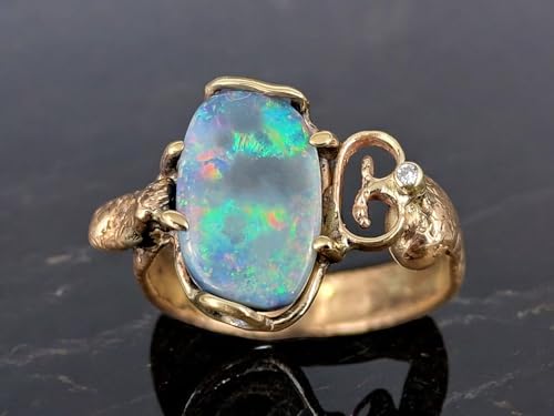 LeoLars-PABE Dark based Lightning Ridge Opal Design Ring, Gr.60 (19,2) aus 585er Gelbgold mit Diamant als Akzentstein, hochwertiger Multicolor Opal, Unikat, Handarbeit