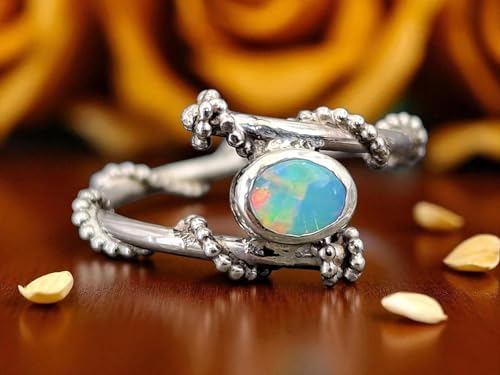 LeoLars-PABE Verspielter, zarter Lightning Ridge Opal Design Ring aus 925er Silber, Gr. 52 (16,7), kräftiges Opalfeuer in blau und grün, Unikat, Handarbeit
