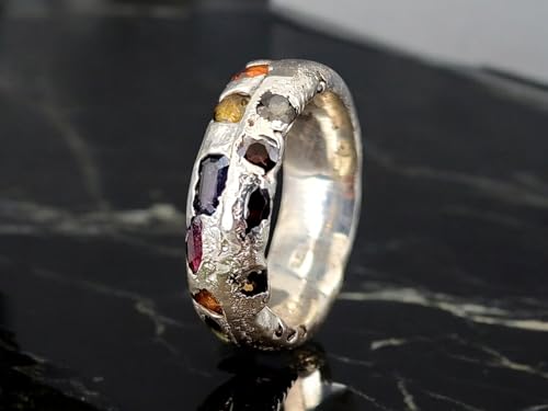 Design Sandguss Chaos Ring aus 925er Silber, mit echten eingegossenen Saphiren in verschiedenen Farben und Formen, Gr. 56 (18), typische Sandguss Oberflächen Struktur, Nr.144, Unikat, Handarbeit
