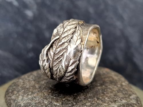 LeoLars-PABE Kräuterblätter Design Ring 420 aus 925er Silber, echte Kräuter und Bambusblattstruktur auf dem Ring, Unikat, Handarbeit Größe: 62-63 (20)