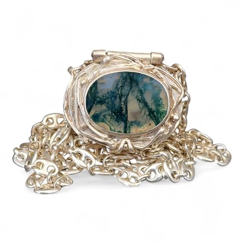 LeoLars-PABE Moosachat Medaillon aus 925er Silber mit 70cm Silberkette, Mooachat-PictureStone-Blick in den Wald, organisch verspielt,Unikat, Handarbeit