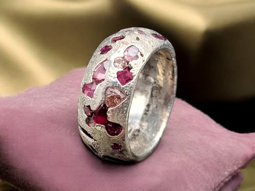 LeoLars-PABE Chaos Sandguss Design Ring aus 925er Silber, mit echten eingegossenen rosa Saphir und rotem Rubin, Nr.120, Größe: 59 (18,7), Unikat, Handarbeit
