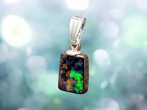LeoLars-PABE Hologramm Effekt Boulder Opal Anhänger mit 925er Silber Stiftöse, intensives blaues und grünes Opalfeuer in der Bewegung, Anhängergröße: 15,5mm x 8,2mm x 3,4mm, Unikat, Handgeschliffen