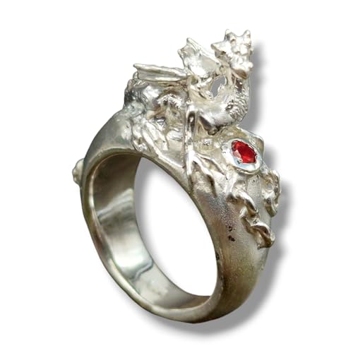 LeoLars-PABE Drachen Design Ring aus 925er Silber mit einem roten Saphir, Drachenschatz, Drachenwächter, Größe 57 (18,5), Unikat, Handarbeit