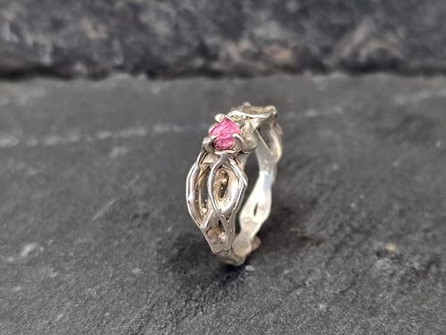 LeoLars-PABE Rosa Turmalinkristall Ring mit Krappen gefasst in einem organisch verwachsenen Design aus 925er Silber. Größe 54, liebevolle Handarbeit, Unikatschmuck