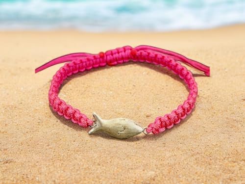 LeoLars-PABE Rosa Makramee Armband mit 925er Silber Sandguss Schlickfisch, Umfang von 16-25cm, Unikat, Handarbeit, Armbandmaße: 160mm x 8,5mm x 3,5mm