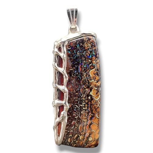 LeoLars-PABE Beidseitiger Boulder Opal Design Anhänger, Käfigfassung aus 925er Silber, tolles Muster mit grün-blauen Opaladern, Unikat, Handgschliffen, Anhängermaße: 44,7mm x 17,2mm x 7,3mm