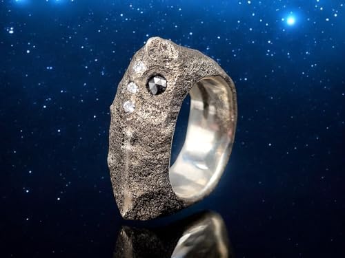 LeoLars-PABE Diamant Dandguss Design Ring aus 925er Silber, grobe steinartige Sandguss Oberfläche, teilgeschwärzt, ein schwarzer Diamant, und 3 weiße Diamanten, Unikat, Handarbeit, Größe 59 (18,7)