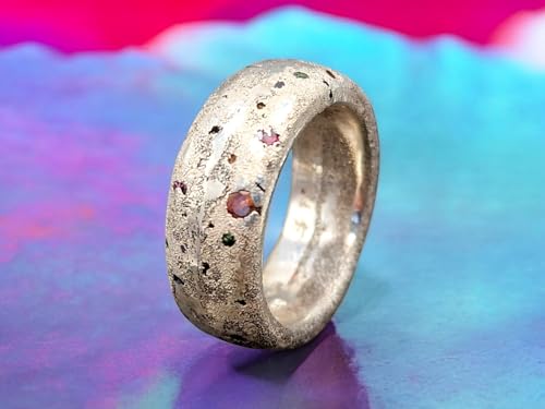 LeoLars-PABE Sandguss Design Chaos Ring aus 925er Silber, Größe 54 (17,5) mit echten verschiedenen eingegossenen Edelsteinen, Sandguss typischer Oberflächenstruktur, Unikat, Handarbeit