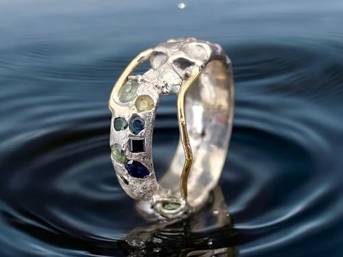 LeoLars-PABE Chaos Sandguss Design Ring aus 925er Silber, Unisex, mit Golddraht Elementen und echten eingegossenen blauen und grünen Saphiren, Größe: 64-65 (20,5), Unikat, Handarbeit