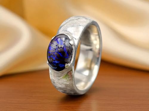 LeoLars-PABE Boulder Matrix Opal Design Ring, Unisex, Gr.66 (21), aus 925er Silber, eismattiert, Opal mit Opaladern mit dunkelblauem Opalfeuer, Unikat, Handarbeit