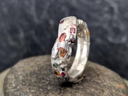 LeoLars-PABE Brechende Welle Design Chaos Sandguss Ring aus 925er Silber, mit echten eingegossenen Edelsteinen, Ringgröße: 63 (20), Unikat, Handarbeit