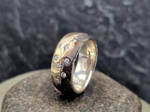 LeoLars-PABE Diamant Sandguss Bicolor Design Ring, aus 925er Silber und 585er Gelbgold, 7 echte Diamanten, teilgeschwärzt, Größe 56 (18), Unikat, Handarbeit