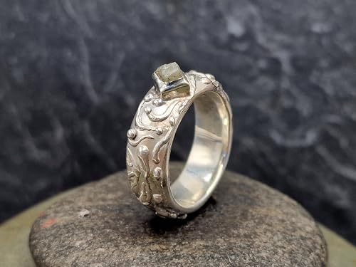 LeoLars-PABE Verspielt verschnörkelter Rohdiamant Würfel Design Ring aus 925er Silber, silber-grauer Rohdiamant, Größe 61/62 (19,6), Unikat, Handarbeit