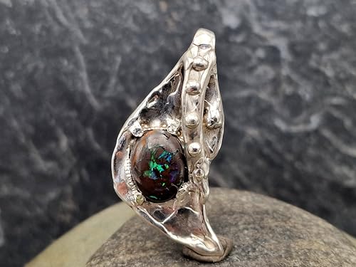 Matrix Boulder Opal Design Anhänger aus 925er Silber, Opal mit vielen Opaladern mit grünem und blauem Opalfeuer, versteckte Schlaufe, Unikat, Handarbeit, Anhängermaße: 41mm x 20mm x 7,1mm