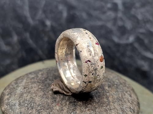 LeoLars-PABE Sandguss Design Chaos Ring aus 925er Silber, Größe 54 (17,5) mit echten verschiedenen eingegossenen Edelsteinen, Sandguss typischer Oberflächenstruktur, Unikat, Handarbeit