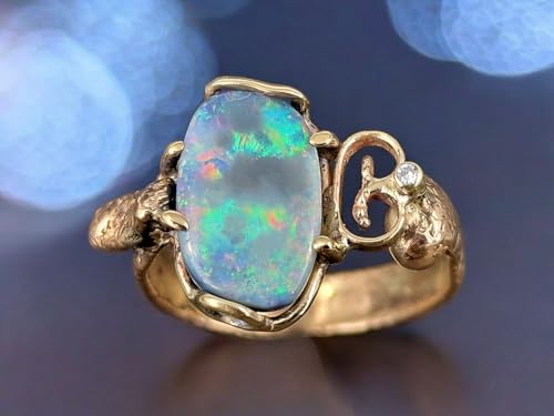 LeoLars-PABE Dark based Lightning Ridge Opal Design Ring, Gr.60 (19,2) aus 585er Gelbgold mit Diamant als Akzentstein, hochwertiger Multicolor Opal, Unikat, Handarbeit