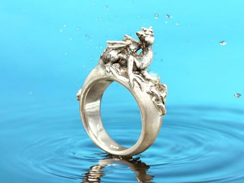 LeoLars-PABE Drachen Ring, aus 925er Silber mit einem Blautopas, Drachenwächter, Drachenschatz, Größe 57 (18,5), teilgeschwärzt, Unikat, Handarbeit
