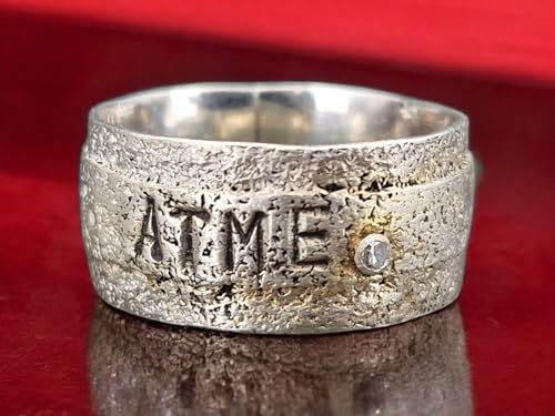 LeoLars-PABE Sprüche Ring Atme aus 925er Silber, Gr. 63 (20), mit Struktur und Diamant in Zargenfassung, Unikat, Unisex, Handarbeit