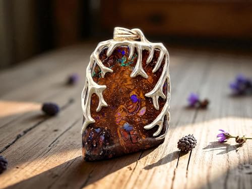LeoLars-PABE Großer Boulder Opal Design Anhänger aus 925er Silber, Tribal Design, beidseitig, Unisex, Opal mit tollem Muster und partiellem grün-blauem Opalfeuer, Unikat, Handarbeit