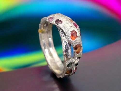 LeoLars-PABE Brechende Welle Design Chaos Sandguss Ring aus 925er Silber, mit echten eingegossenen Edelsteinen, Ringgröße: 63 (20), Unikat, Handarbeit