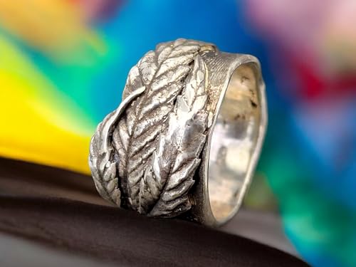 LeoLars-PABE Kräuterblätter Design Ring 420 aus 925er Silber, echte Kräuter und Bambusblattstruktur auf dem Ring, Unikat, Handarbeit Größe: 62-63 (20)