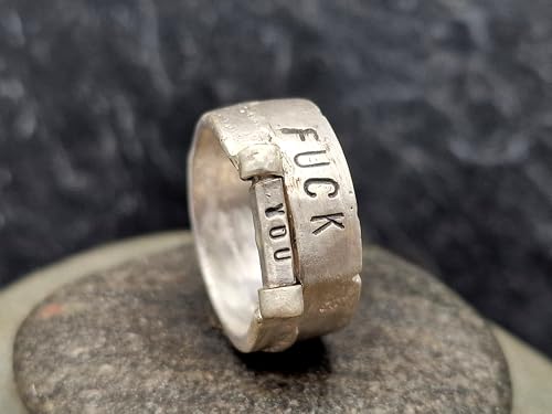 LeoLars-PABE Sprüche Design Sandguss Ring mit Stift zum drehen für den passenden Spruch, aus 925er Silber, Größe 60/61 (19,2), Unikat, Handarbeit, Unisex