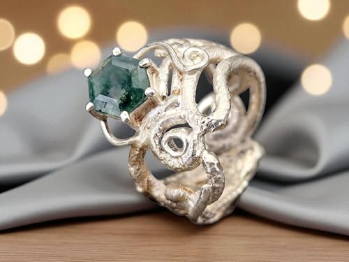 LeoLars-PABE Moosachat Ring im Krakendesign aus 925er Silber, Gr. 63-64 (20,3), Moosachat mit schönem Innenleben, facettiert mit Stotzenfassung, Unikat, Handarbeit