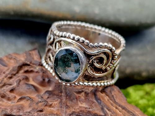 LeoLars-PABE Verspielter breiter Moosachat Design Ring Gr. 62 (19,7), aus 925er Silber, verschnörkelt, Moosachat, facettiert mit schönem Innenleben, Nr. 0100, Unikat, Handarbeit