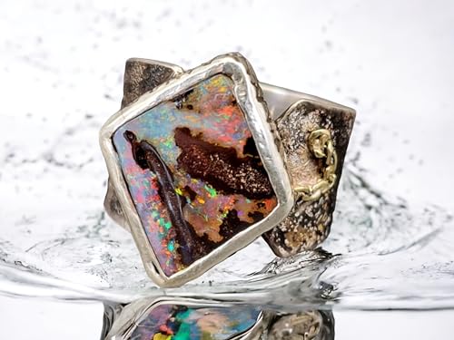 LeoLars-PABE Multicolor Boulder Opal Ring, Gr.60-61 (19,2), Antikes Design, teilgeschwärzt, Goldelement, Opal 18x14,8mm, Unikat, Handarbeit