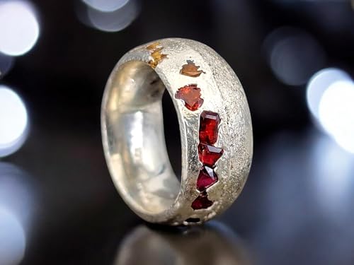LeoLars-PABE Design Chaos Sandgus Ring, Gr.56(18), aus 925er Silber mit echten eingegossenen rotem, orangen und gelben Saphiren, halb und halb poliert und strukturiert, Nr.141, Unikat, Handarbeit