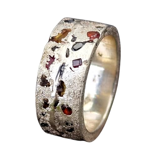 LeoLars-PABE Design Sandguss Chaos Ring, Größe 56 (17,8), aus 925er Silber, Sandguss Oberfläche, verschieden farbige eingegossene echte Saphire, Nr. 133, Unikat, Handarbeit