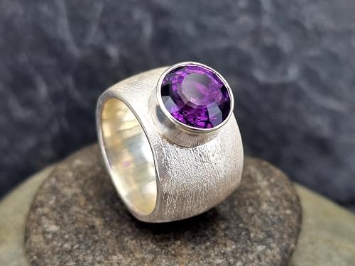 LeoLars-PABE Sehr massiver Amethyst Design Ring aus 925er Silber, fein schraffierte Oberflächen Struktur, Größe: 58-59 (18,7), Handarbeit, Unikat