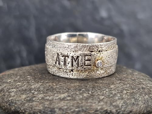 LeoLars-PABE Sprüche Ring Atme aus 925er Silber, Gr. 63 (20), mit Struktur und Diamant in Zargenfassung, Unikat, Unisex, Handarbeit