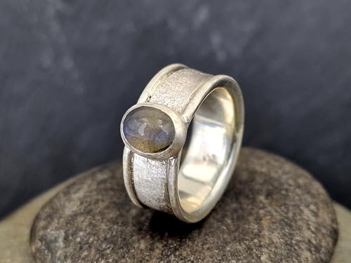 Labradorit Design Ring aus 925er Silber, Gr. 60-61(19,3), Labradorit Cabochon mit schönem rollenden blauen Farbspiel, Unikat, Handarbeit