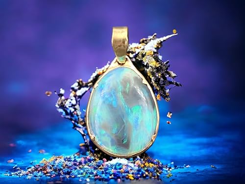 LeoLars-PABE Lightning Ridge Opal Anhänger aus 585er Gelbgold, Opal - Semi Chrystal mit blau-grünem Opalfeuer, 18,2x14,2mm, beidseitig, Unikat, Handarbeit