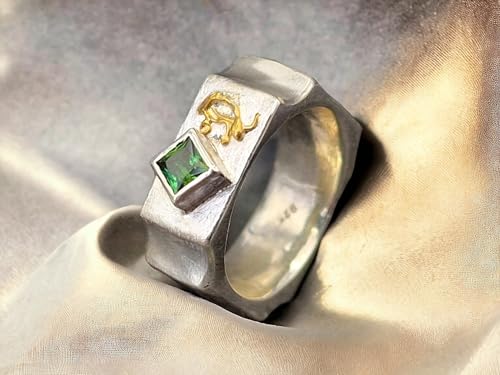 LeoLars-PABE Grüner Turmalin Design Ring, Gr. 54 (17,2), aus 925er Silber, spezielle Außenform, teil gebürstet, mit Feingold Element, Unikat, Handarbeit