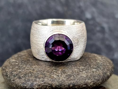 LeoLars-PABE Sehr massiver Amethyst Design Ring aus 925er Silber, fein schraffierte Oberflächen Struktur, Größe: 58-59 (18,7), Handarbeit, Unikat
