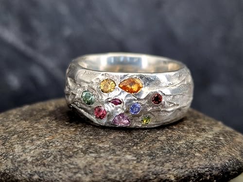 LeoLars-PABE Kräuterblätter Design 420 Ring aus 925er Silber, Größe 58 (18,5), verschiedenfarbige eingeriebene Saphiren, Massiv, Unikat, liebevolle Handarbeit, Maße Ring. 25mm x 24,5mm x 10mm