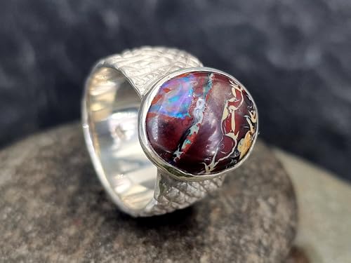 LeoLars-PABE 925er Silber Design Ring mit Boulder Opal, Opal mit tollem Muster und partiell blauem Opalfeuer, wilde Oberflächen Struktur, massiv, Ringgröße: 59 (18,7), Unikat, Handarbeit