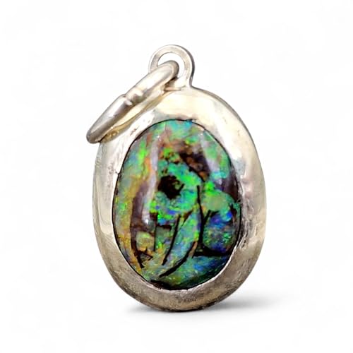 LeoLars-PABE Multicolor Churchwindow Boulder Opal Anhänger aus 925er Silber, Opal 11,5mm x 8,5mm, bunt, mit Muster wie Kirchenfenster, in Zargenfassung, Unikat, Handarbeit, Unisex
