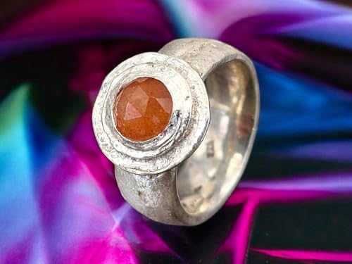 LeoLars-PABE Sonnenstein Sandguss Design Ring aus 925er Silber, Sandguss Struktur, Sonnenstein im Rosenschliff, Gr. 59/60 (19), Unikat, Handarbeit