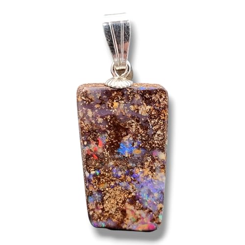 LeoLars-PABE Boulder Opal Anhänger mit mehrfarbigem Opalfeuer und 925er Silber Stiftöse, Pinfire, Anhängermaße: 25,3mm x 13mm x4mm, Unikat, Handgeschliffen