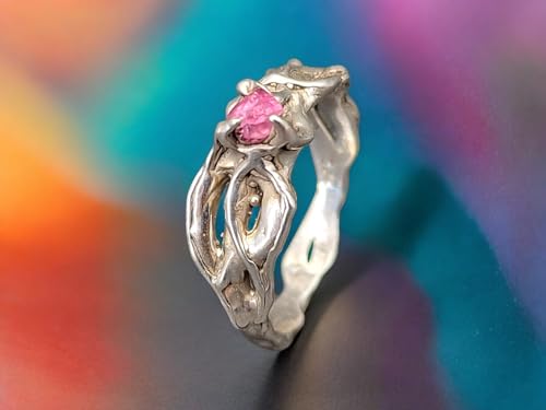 LeoLars-PABE Rosa Turmalinkristall Ring mit Krappen gefasst in einem organisch verwachsenen Design aus 925er Silber. Größe 54, liebevolle Handarbeit, Unikatschmuck