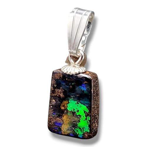 LeoLars-PABE Hologramm Effekt Boulder Opal Anhänger mit 925er Silber Stiftöse, intensives blaues und grünes Opalfeuer in der Bewegung, Anhängergröße: 15,5mm x 8,2mm x 3,4mm, Unikat, Handgeschliffen