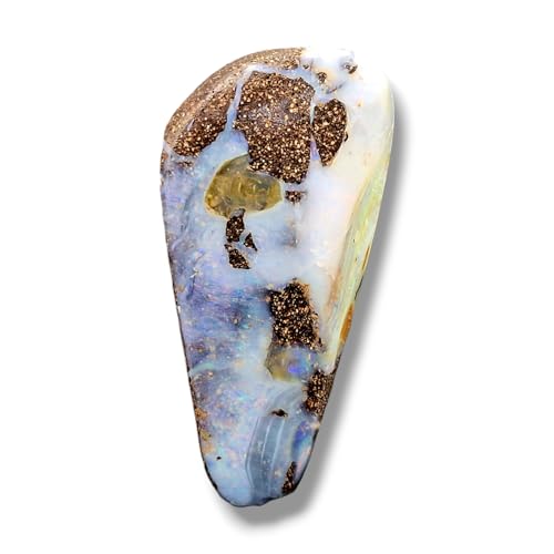 Großer Boulder Opal Anhänger mit Bohrung und 60cm Lederband, helle gemeine Opalschicht mit pastellfarbenem Opalfeuer in verschiedenen Farben, Maße: 43mm x 21mm x 11,9mm, Unikat, Handgeschliffen