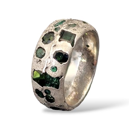 LeoLars-PABE Sandguss Design Chaos Ring aus 925er Silber, Gr. 55-56 (17,7), mit echten eingegossenen grünen Turmalinen und Smaragden, Nr.73, Unikat, Handarbeit